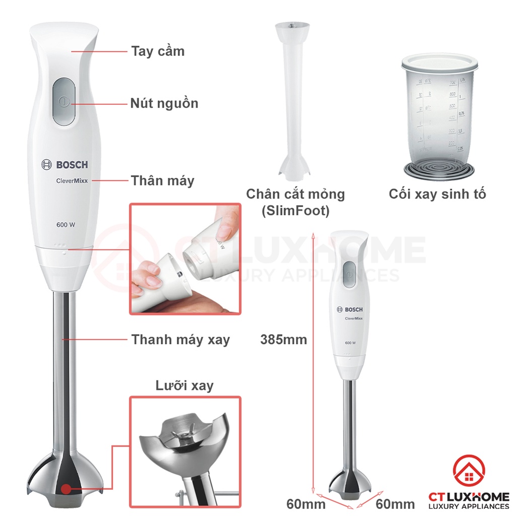 Máy xay thực phẩm cầm tay Bosch MSM26130 600W, 220V, 50/60Hz, Kèm chân cắt mỏng SlimFoot