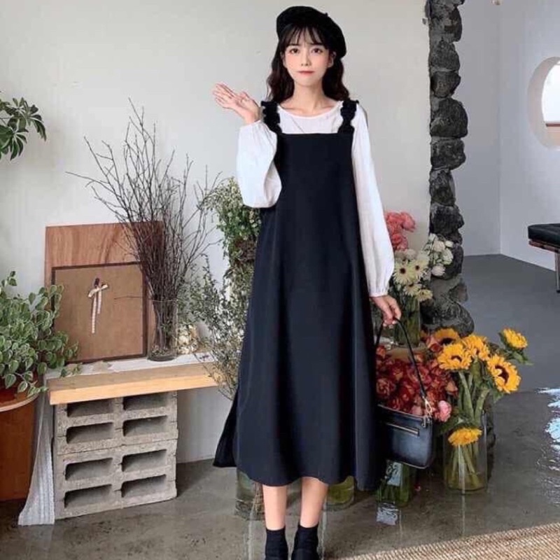 Set 2 Món Yếm Dài 2 Dây Kèm Áo Thun Dài Tay Váy Suông Dáng Dài Nhung Tăm