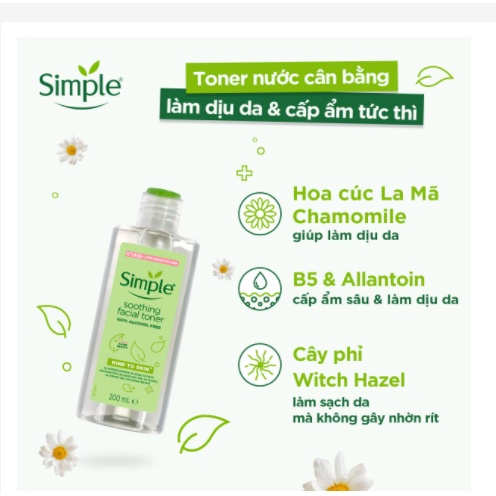 NƯỚC HOA HỒNG SIMPLE Toner 200ml - làm dịu và cân bằng độ ẩm cho da - lành tính không chứa cồn - Hoa Ban Cosmetic