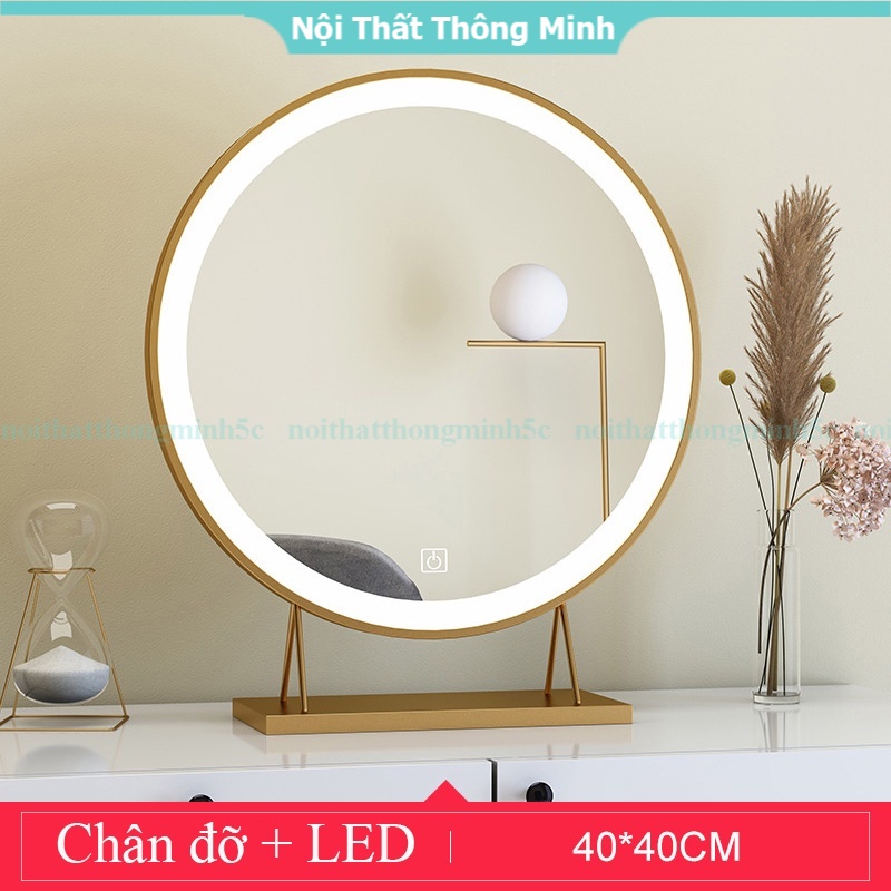 Gương để bàn trang điểm khung mạ PVD cao cấp, gương nhập khẩu tích hợp đèn LED và nút cảm ứng thông minh