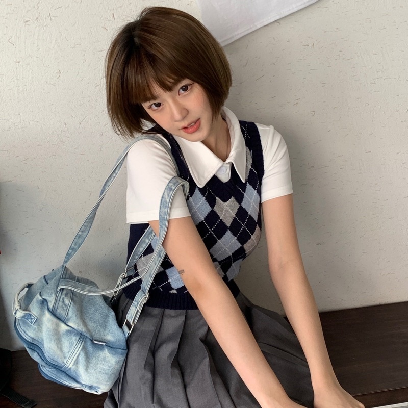 Áo len gile dệt kim dáng lửng croptop hoạ tiết kim cương kẻ ô trám