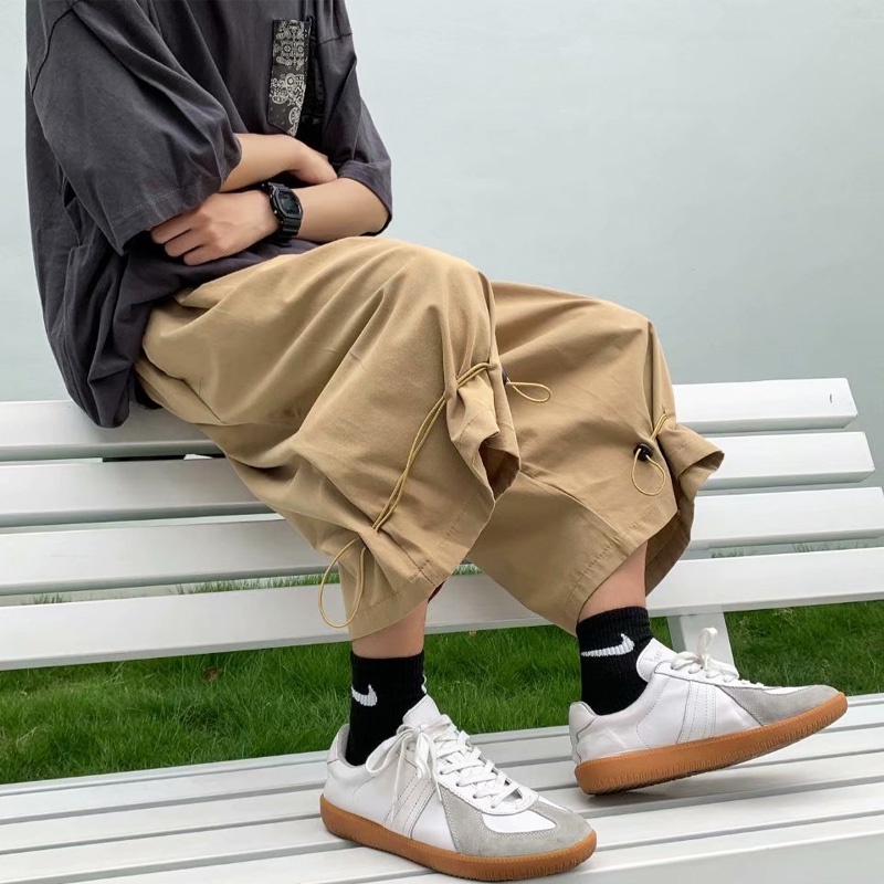 Khaki Male Wide Leg Cargo Pants Fashion Retro Cropped Box Pants for Men Korean Style Multi-pocket Hip Hop Streetwear