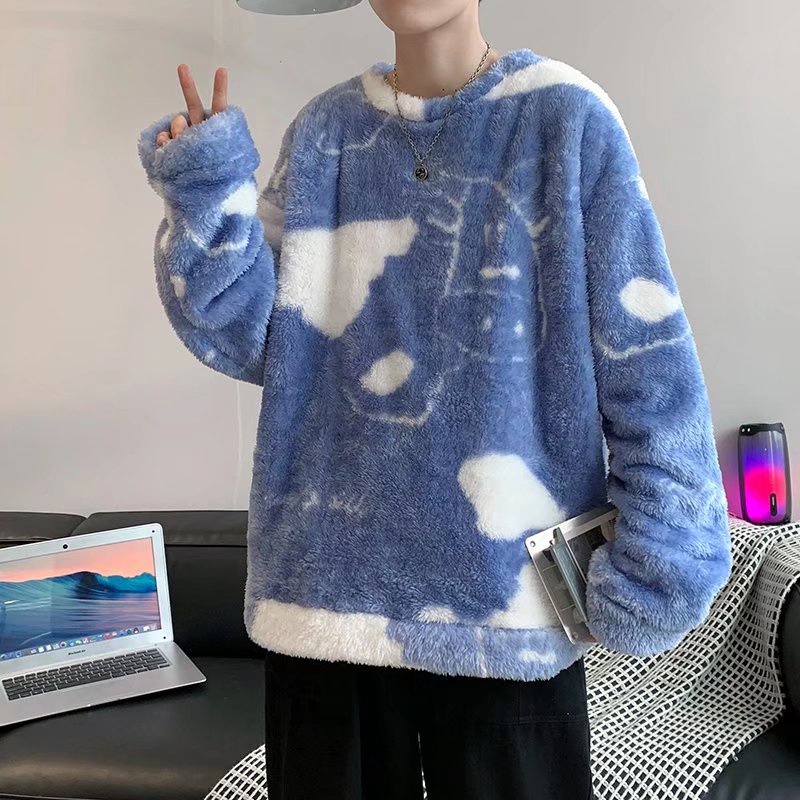 Áo sweater lông cừu tay dài dáng rộng phong cách Hàn Quốc thời trang thu đông Đường phố graffiti đa năng bình thường