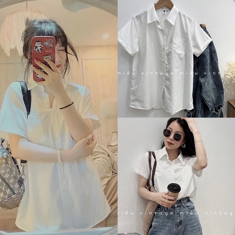 [Ảnh thật/Video]ÁO SƠ MI NỮ TRẮNG PURATO NGẮN TAY CÓ TÚI HOTTREND MÀU TRẮNG Áo sơ mi trắng dáng vừa