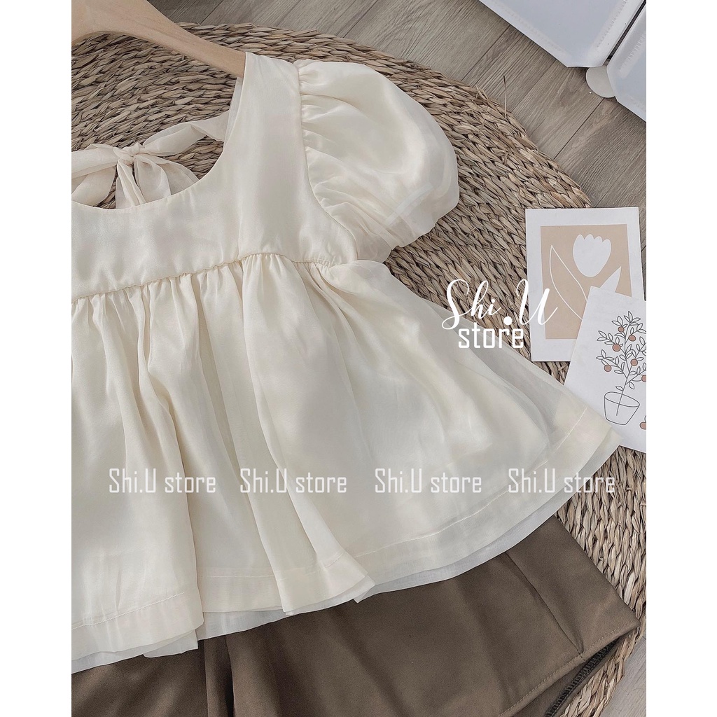 Set áo babydoll voan tơ nơ lưng kèm quần đùi nâu ống rộng ulzzang xinh xắn
