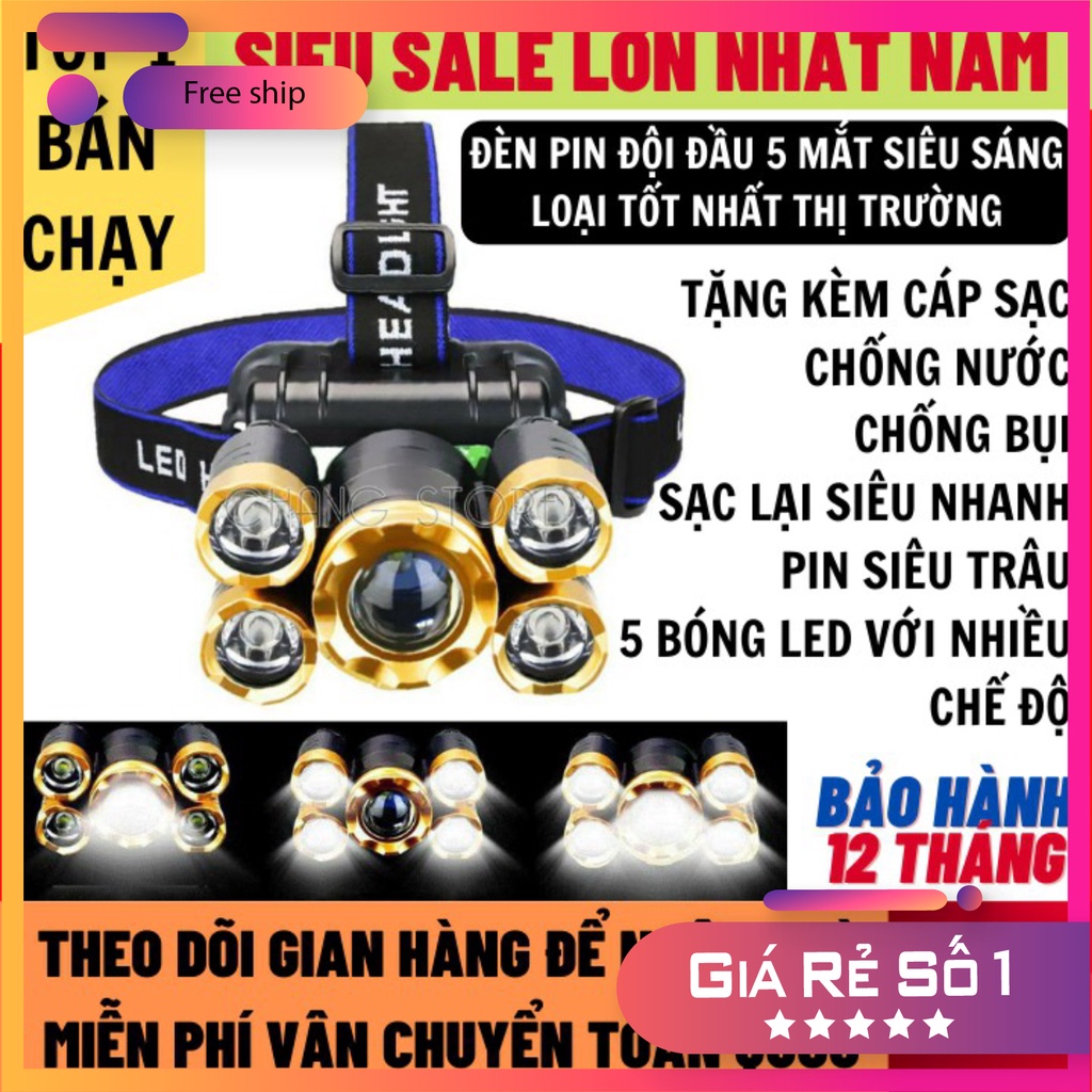 Đèn Pin Đội Đầu 5 Mắt Siêu Sáng Loại Bóng To Bảo Hành 12 Tháng