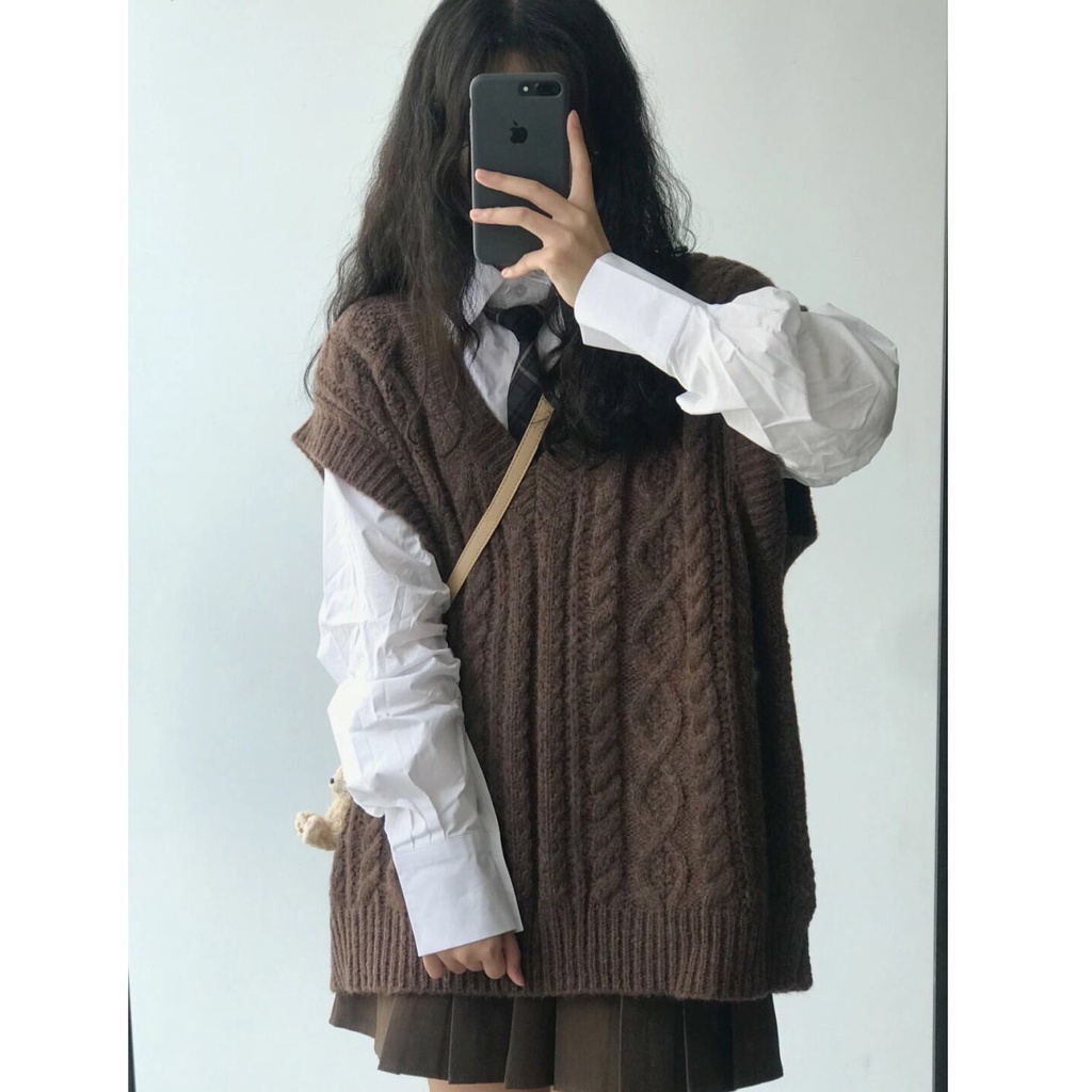 Áo Dệt Kim Sát Nách Dáng Rộng Cổ Chữ V Phong Cách Retro Dành Cho Nữ