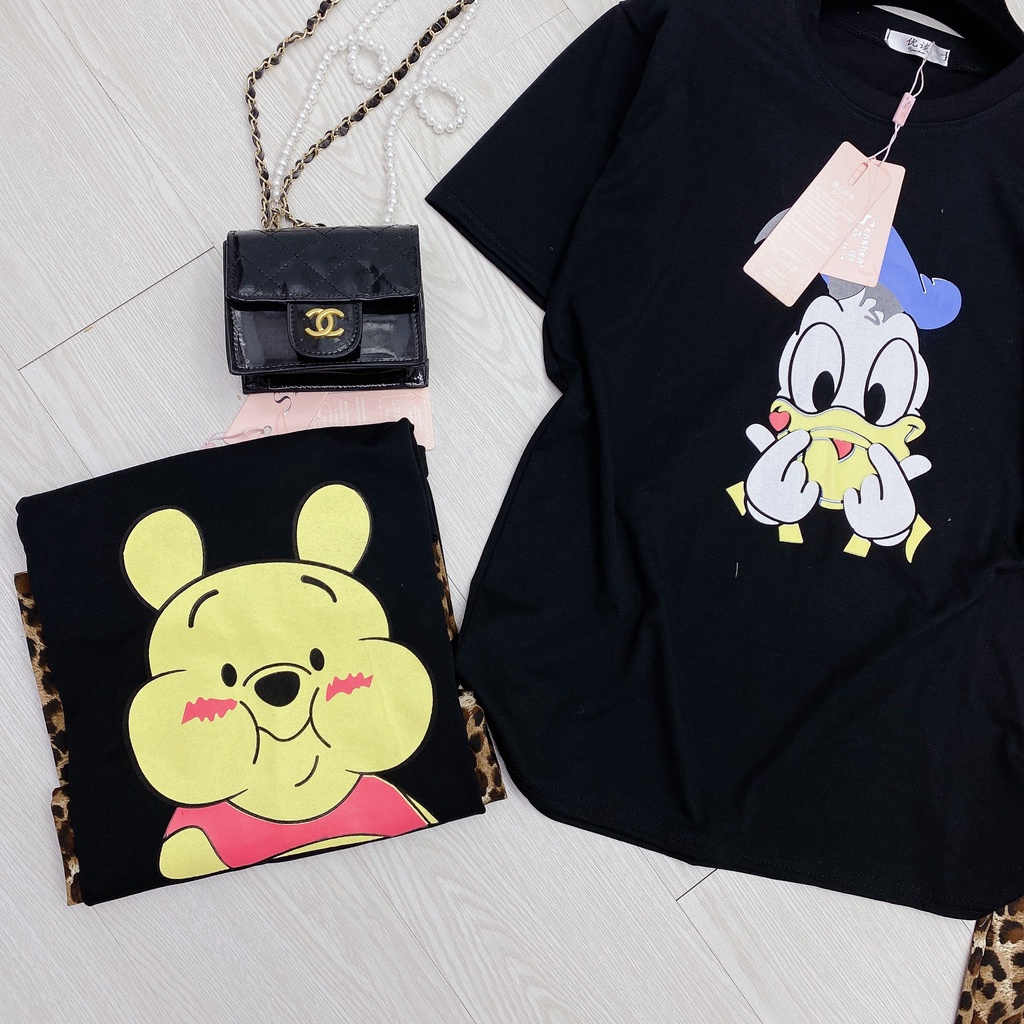 áo phông nữ gấu, vịt kèm quần ống rộng lụa von hàng loại 1 chất cotton tàu mặc đôi, mặc nhóm siêu xinh mã BĐ01