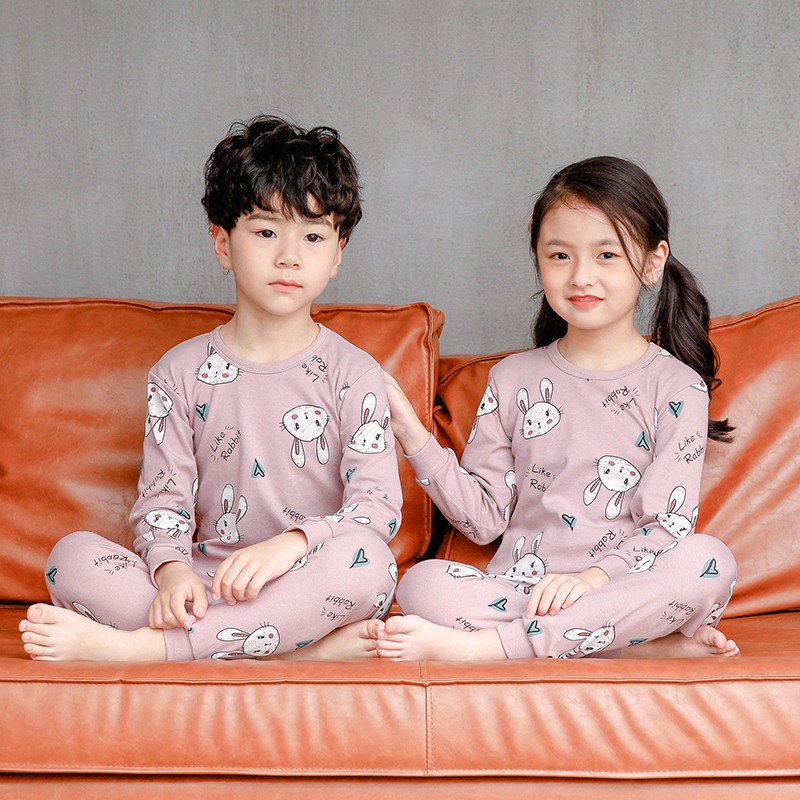 Bộ đồ ngủ tay dài chất liệu cotton phong cách Hàn Quốc thời trang mùa thu dành cho bé 3-14 tuổi