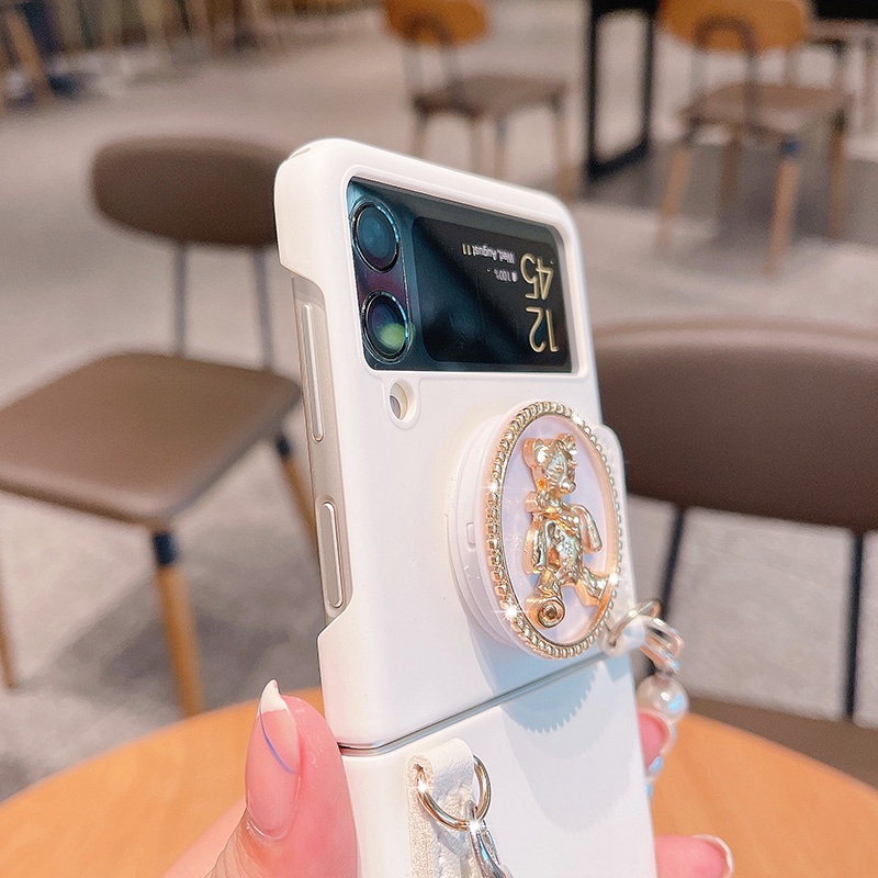 Bao Da Điện Thoại Nắp Gập Mặt Nhám Kèm Dây Đeo Tay Hình Gấu Dễ Thương Cho samsung galaxy z flip 5 4 3 5g flip4 flip3 Ốp