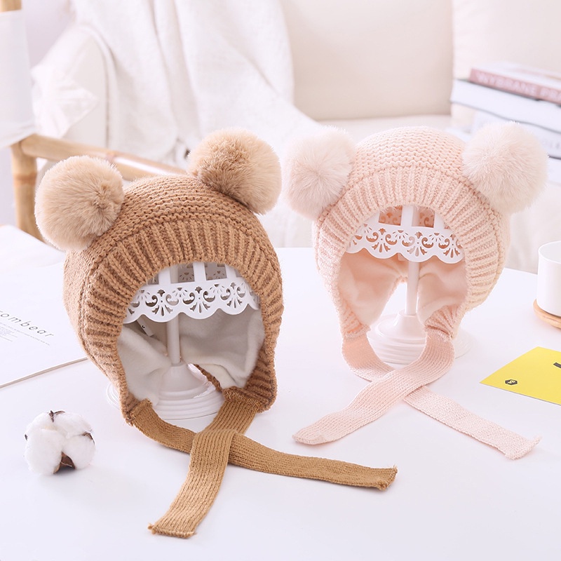 Mũ Beanie Dệt Kim Bảo Vệ Tai Đính Hai Quả Bông Đáng Yêu Cho Bé