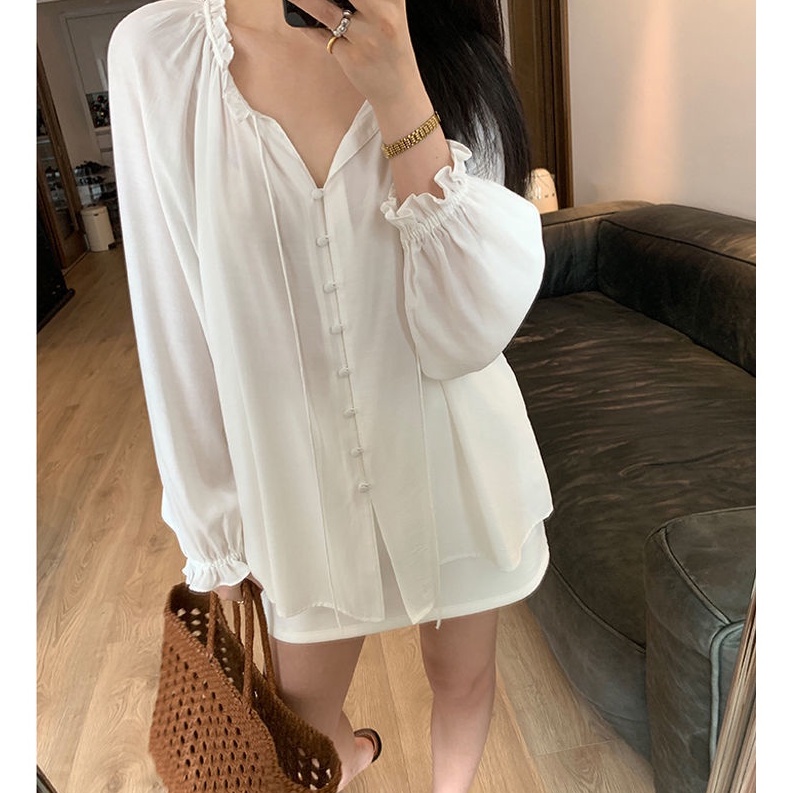 Áo chiffon BH cổ lá sen tay dài dáng rộng thời trang mùa thu 2022