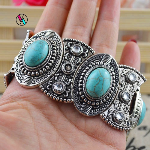 Vòng tay đính đá ngọc lam hình oval phong cách Tây Tạng cổ điển thời trang cho nữ