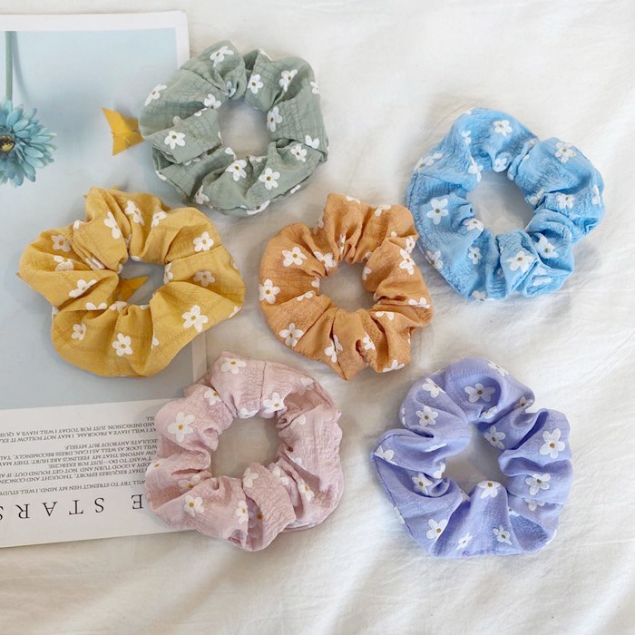 Dây buộc tóc, cột tóc scrunchies in hoa trắng nhẹ nhàng_K67