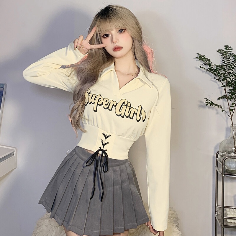 Kliou 2023 Mới Áo croptop tay dài KLIOU cổ chữ V in chữ thời trang mùa hè 2022 dành cho nữ