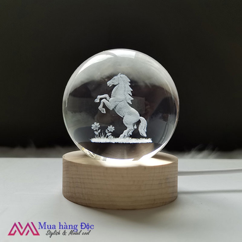 Bộ Quà Tặng Quả Cầu Pha Lê 3D larser LED 12 Con Giáp Tuổi Ngọ