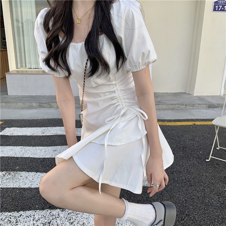Đầm Tay Phồng Cổ Vuông Xếp Ly Màu Trắng Phong Cách Pháp Thời Trang Mùa Hè Mới Cho Nữ