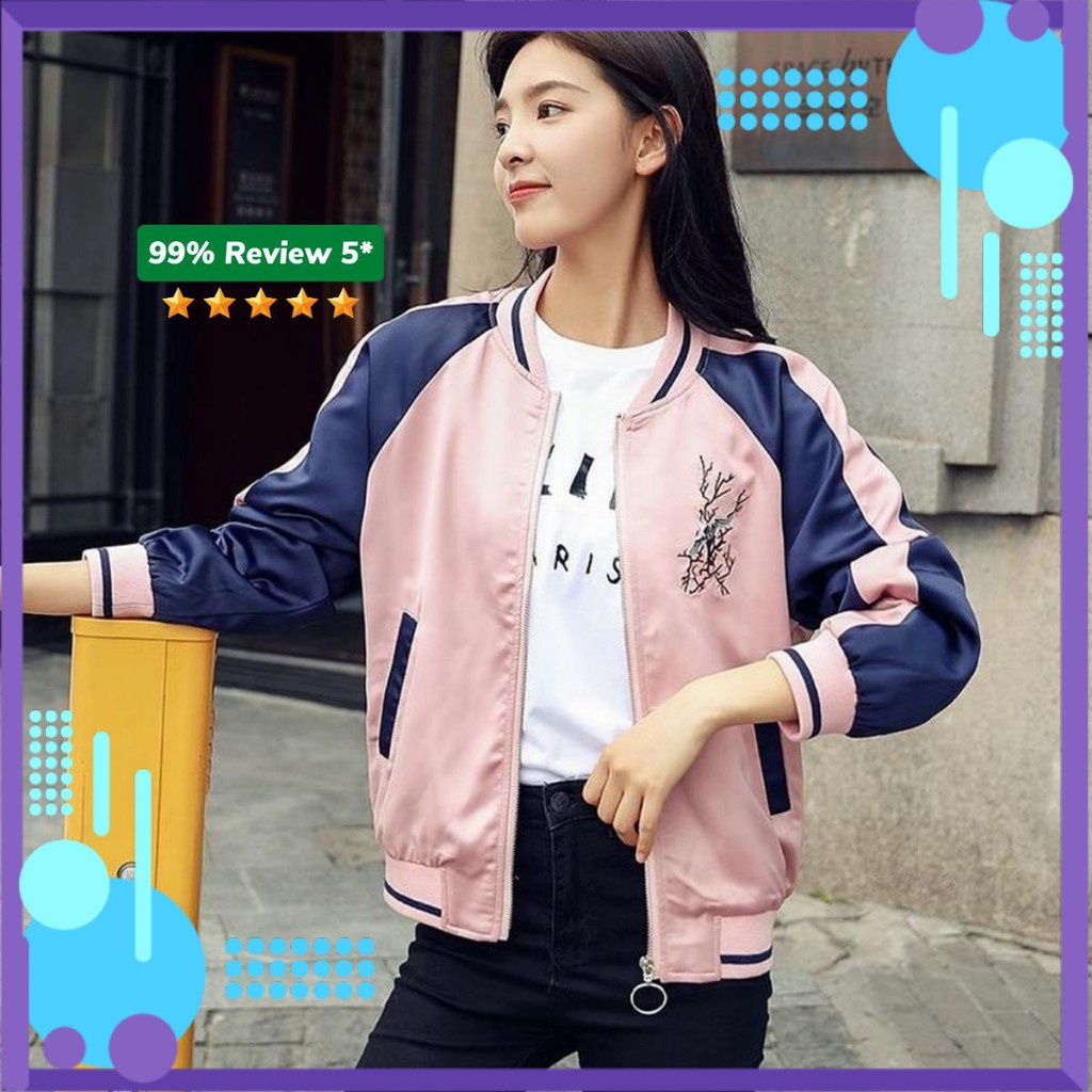 [VẢI ĐẸP] Áo khoác dù Bomber dây kéo KD14 thêu hoa anh đào, form Hàn Quốc unisex cho nam nữ, chất liệu dù cao cấp 1975