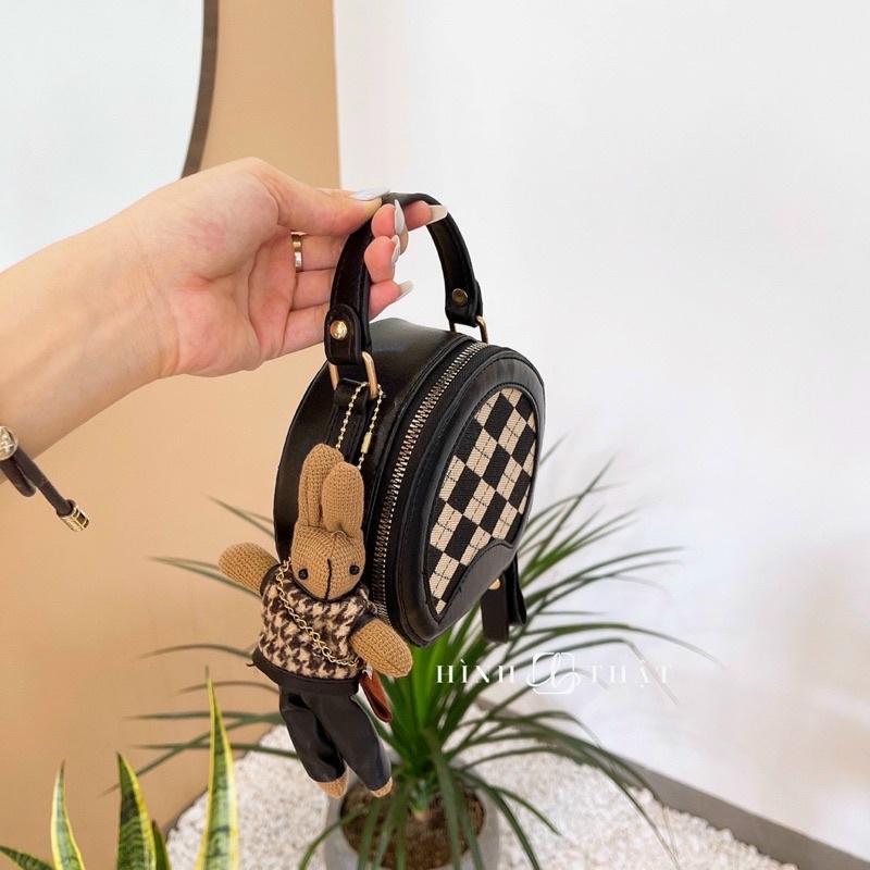 Túi Xách Nữ Mini Dáng Cốp Tròn, Túi Đeo Chéo Kèm Gấu Dễ Thương