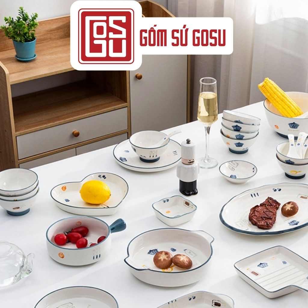 Bộ Chén Dĩa Gosu Họa Tiết Dễ Thương Phong Cách Bắc Âu Men Sáng Đẹp