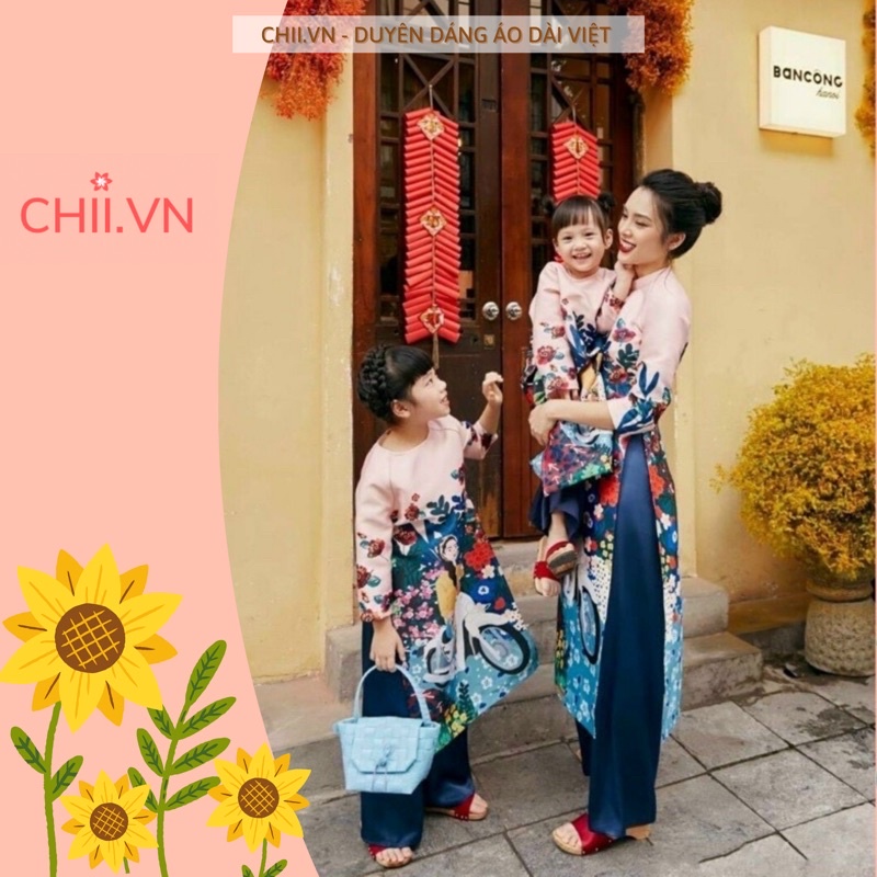 Áo Dài Cách Tân Mẹ Và Bé Gái Màu Hồng In Hoạ Tiết, Áo Dài Cách Tân Tết