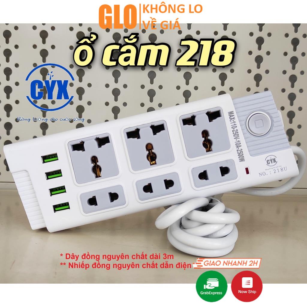 Ổ Cắm Điện CYX K218 Có 4 Cổng USB Tích Hợp Sạc Đa Năng, 3 Ổ Cắm 3 Chấu,3 Ổ Cắm 2 Chấu Dây Dài 3M Công Suất 2500W