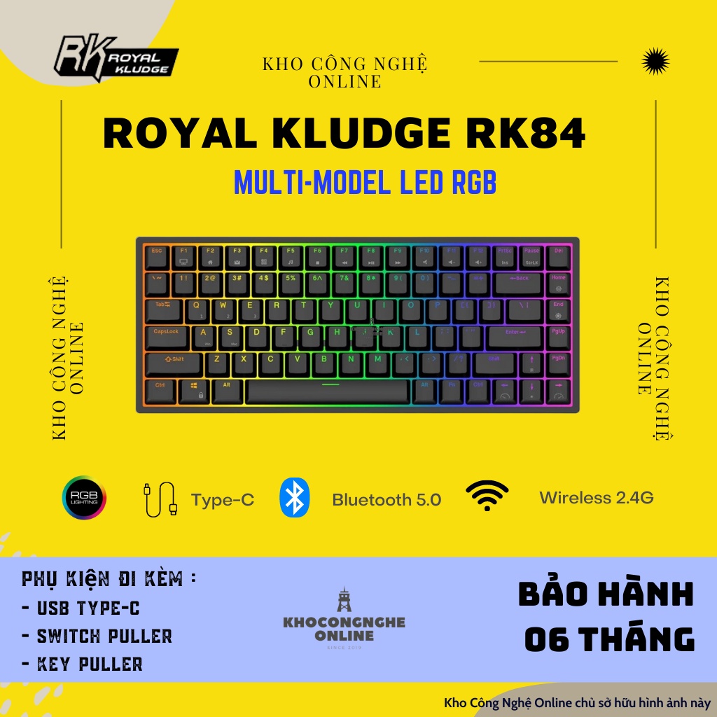 Bàn phím cơ máy tính Royal Kludge RK84 Hotswap kết nối 3 chế độ (Bluetooth 5.0  | Wireless 2.4G | Dây type C)