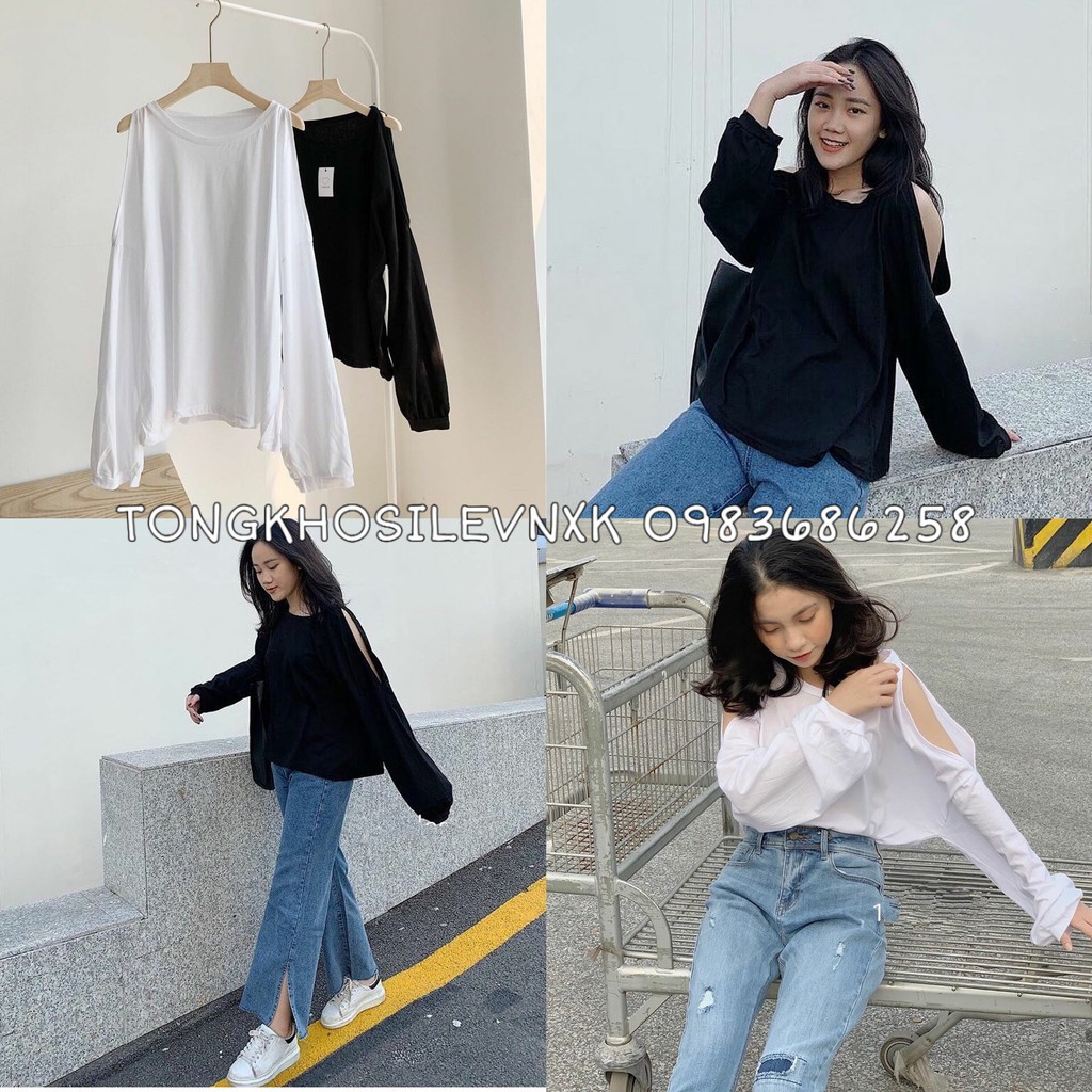 ÁO PULL TRƠN XẺ VAI TRẮNG ĐEN BASIC - (Sp sẵn)