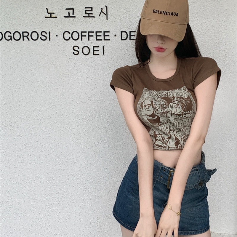 Áo Thun Lửng Tay Ngắn Phong Cách Retro Dành Cho Nữ