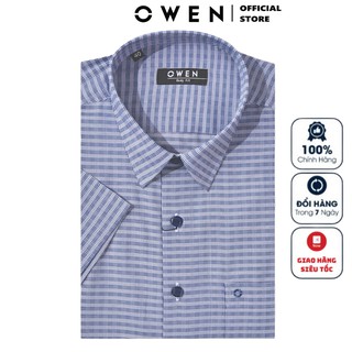 Áo Sơ Mi Nam Ngắn Tay Owen BA22546NT Somi Cộc Tay Công Sở Cao Cấp Xanh Navy Kẻ Caro Nhỏ Chất Sợi Tre Body Fit Tà Bằng