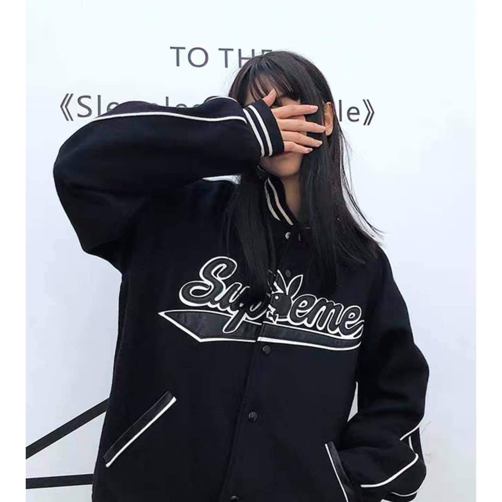 ÁO KHOÁC BOMBER JACKET SUPREME ĐEN VIỀN TRẮNG UNISEX - GIN STORE