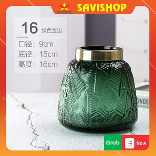 Lọ hoa thủy tinh viền vân lá - Bình hoa decor miệng vàng cắm hoa trang trí cao 16cm trang trí phòng