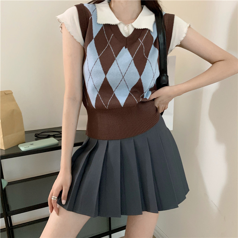 SUXI Áo croptop dệt kim sát nách cổ chữ v màu tương phản phong cách cổ điển thời trang