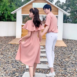 Áo đôi nam nữ ❤️FREESHIP❤️ Áo đôi váy sơ mi dễ thương chụp ảnh đi biển nam nữ Hàn Quốc COUPLE màu hồng AV87