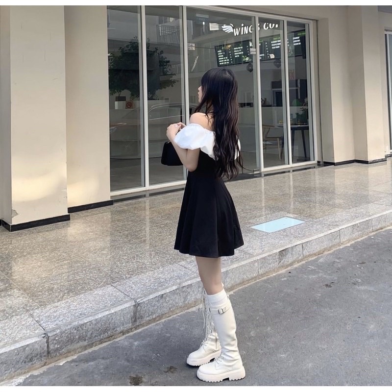 Váy Trễ Vai Màu Đen Bèo Vai Trắng Khoá Sườn Cực Xinh Tôn Dáng