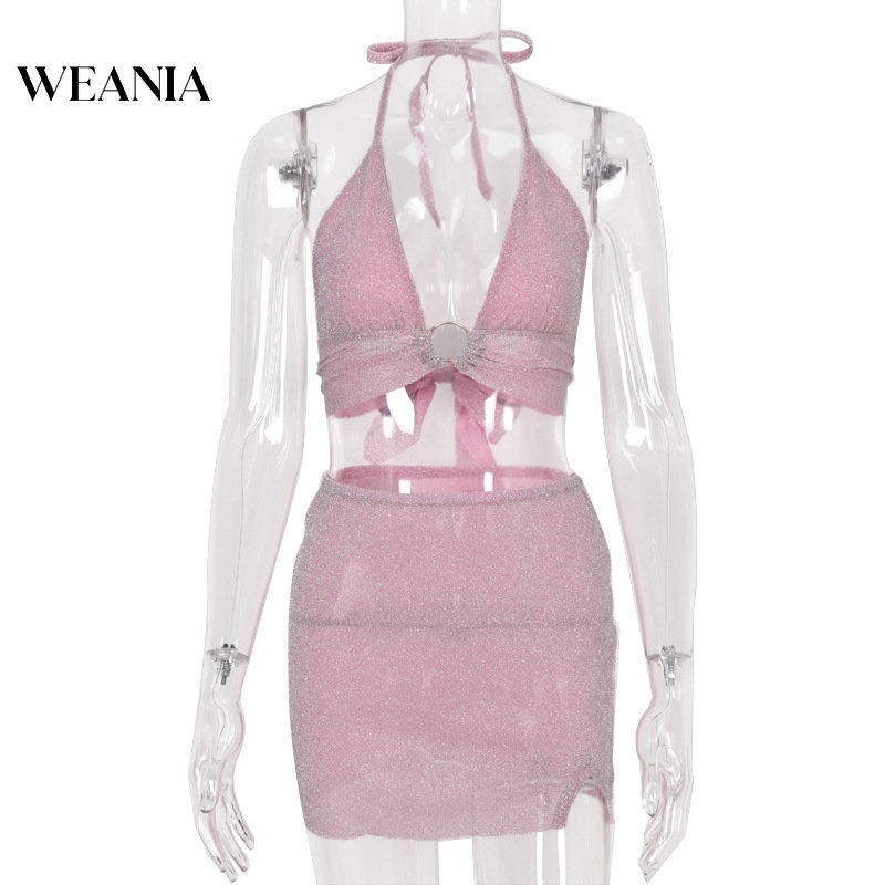 Set Áo Tank Top 2 Dây + Chân Váy Xẻ Tà Xuyên Thấu Lấp Lánh Gợi Cảm