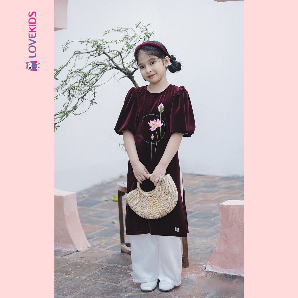 Áo dài nhung thêu hoa sen cộc tay BG | Lovekids