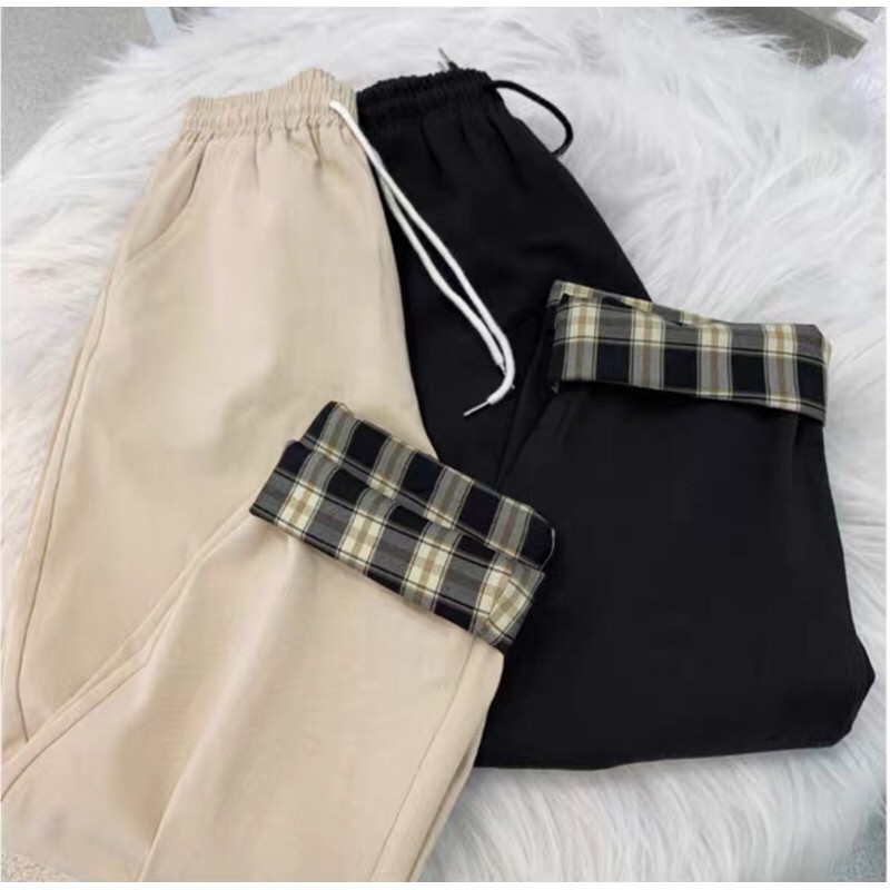 Quần Kaki Baggy ống suông sắn gấu Caro nam nữ Ulzzang