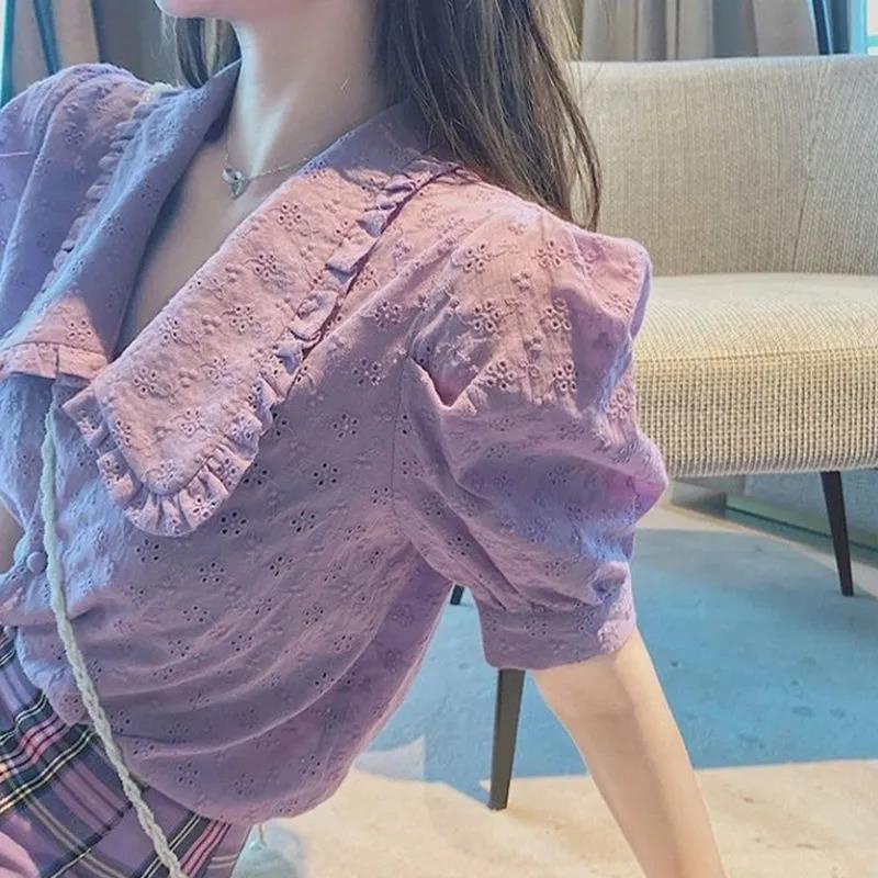 Summer women's French sweet doll collar purple shirt bubble short sleeve design sense niche chiffon shirt