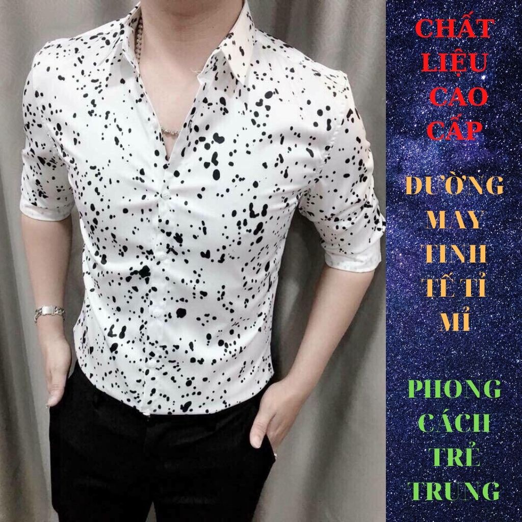 Áo Sơ Mi Nam Chất Lụa Cao Cấp Phối Họa tiết Trắng Chấm Bi Đen Cá Tính
