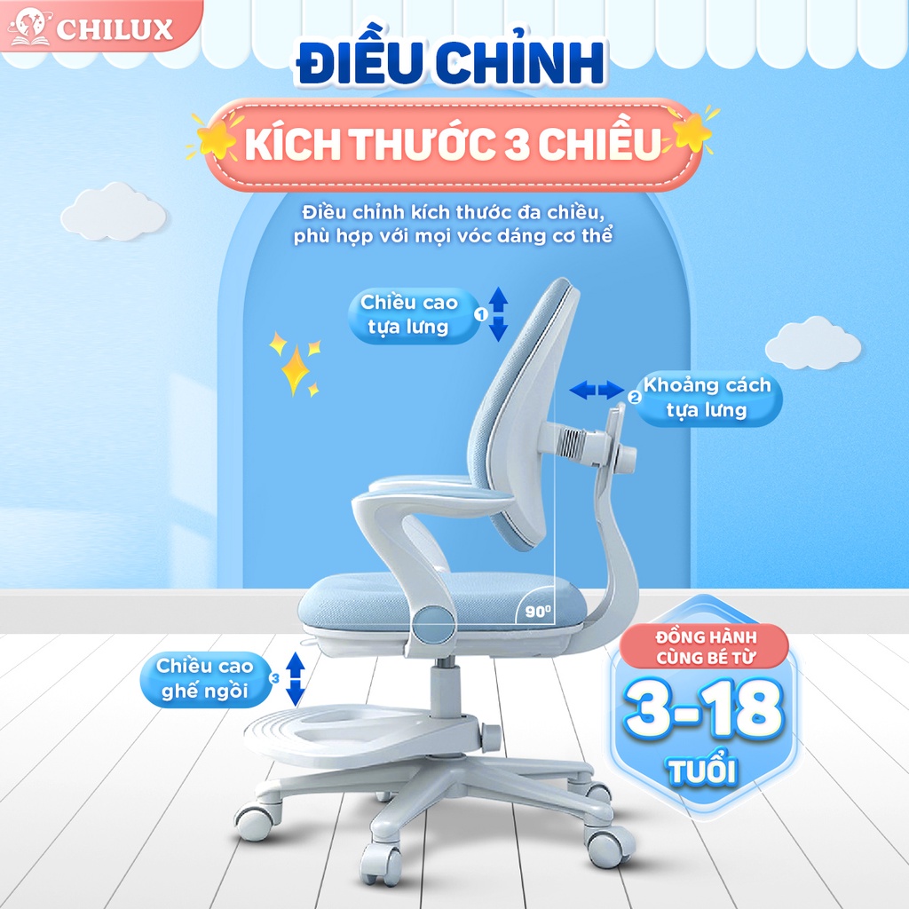 Ghế ngồi học chống gù, đúng tư thế cho bé Chilux G18, bảo vệ cột sống, có thể thay đổi chiều cao