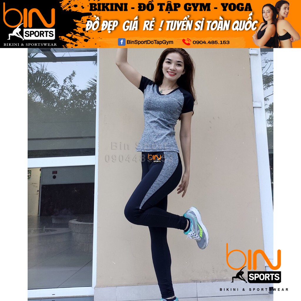 Đồ tập gym nữ , set bộ quần dài áo phủ bụng thể thao Bin Sports BD046