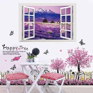 Decal dán tường Cửa sổ vườn hoa tím và hàng rào hồng