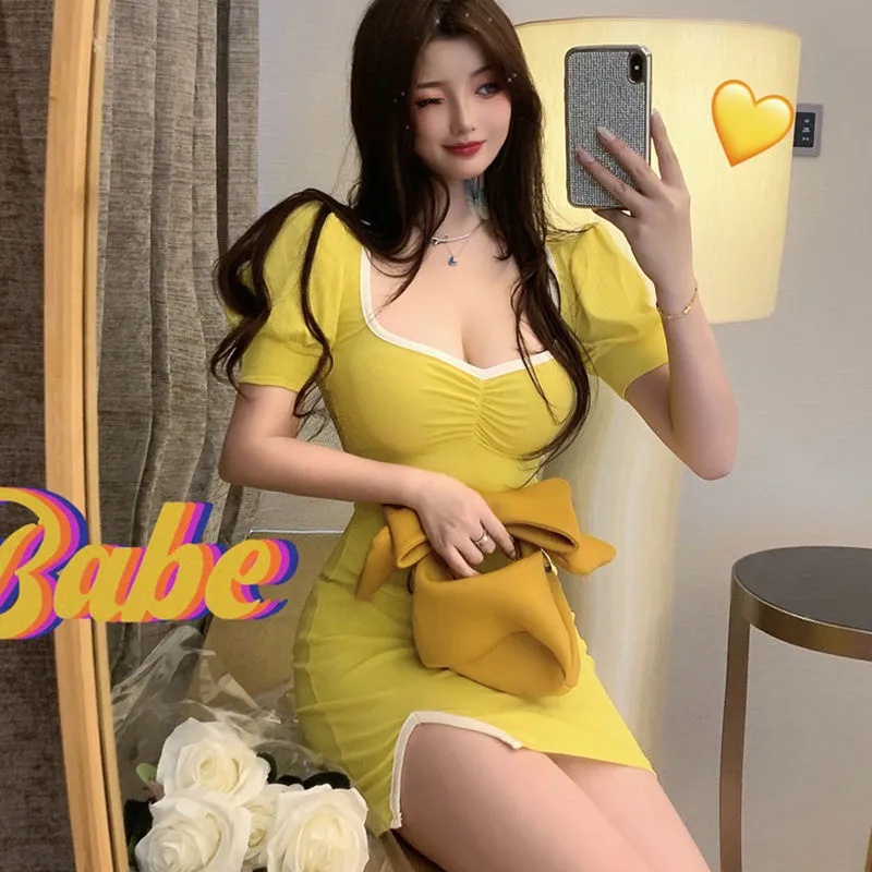 Đầm Ngắn Thiết Kế Xẻ Tà Phong Cách Retro Hàn Quốc Xinh Xắn Cho Nữ