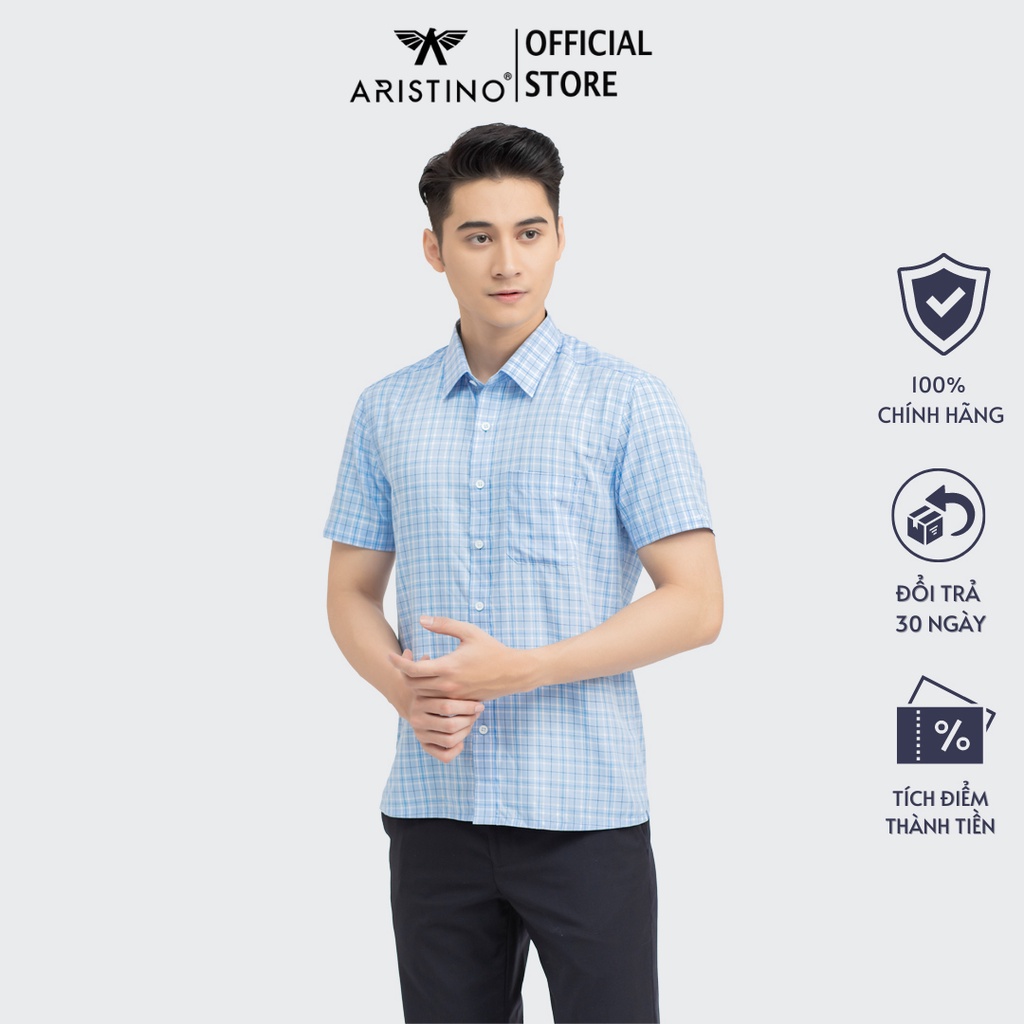 Áo sơ mi nam ngắn tay ARISTINO phom Perfect fit, màu trắng kẻ caro xanh nổi bật - ASS159S1