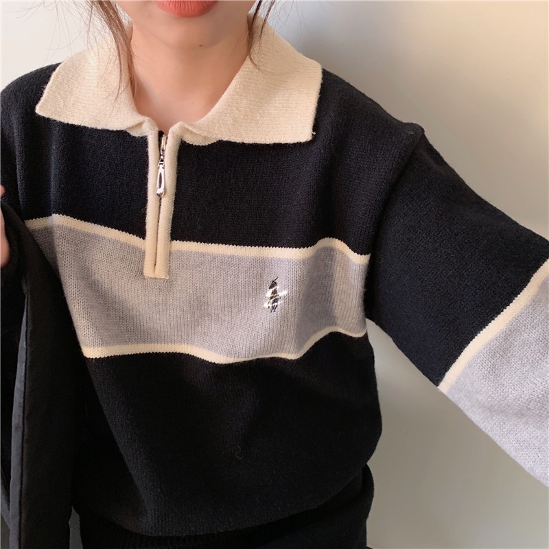 Áo Dệt Kim Dài Tay Dáng Rộng Họa Tiết Kẻ Sọc Phong Cách Mỹ Thời Trang 47665