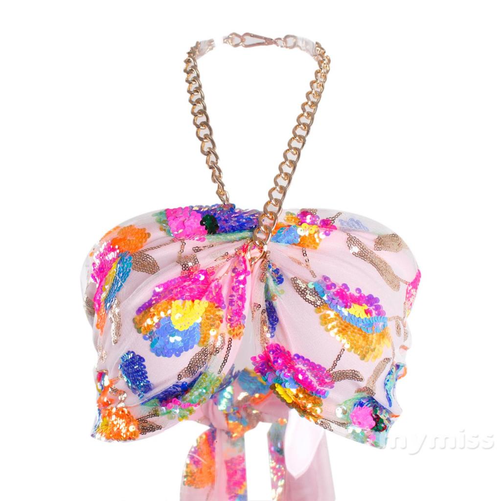 Áo Croptop Cổ Yếm Đính Kim Sa Lấp Lánh Thời Trang Mùa Hè Cho Nữ
