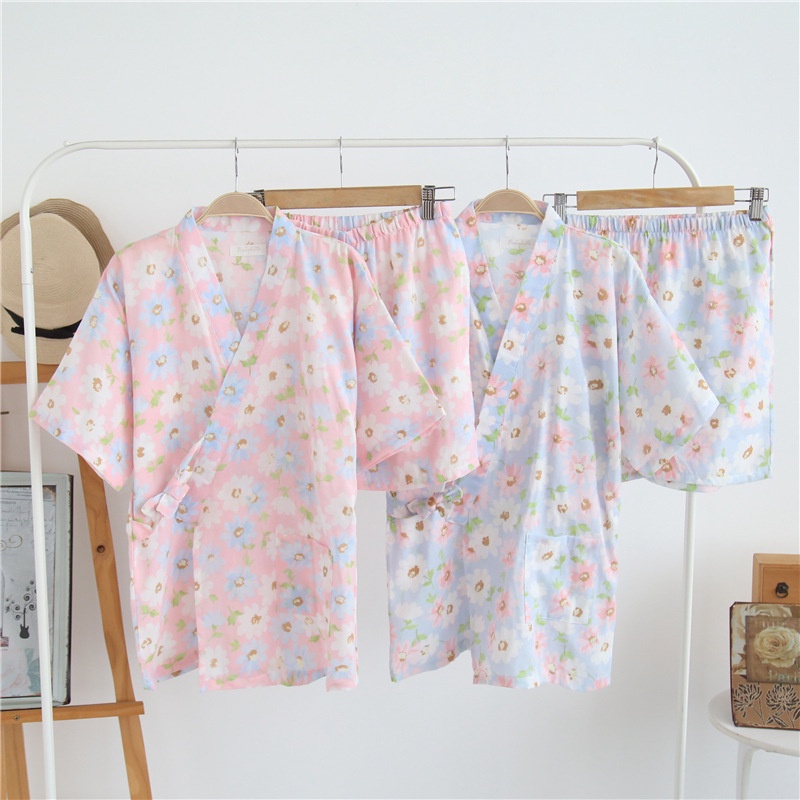 Bộ đồ ngủ pajamas hai lớp vải gạc tay ngắn cotton xô xuân hè dành cho nữ