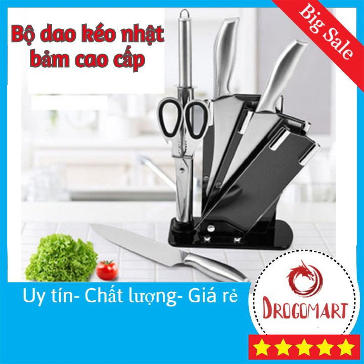 Bộ dao Nhật Bản 6 món cao cấp có khay cắm - bộ dao kéo thép đúc siêu bén cắt thái và chặt thịt cao cấp