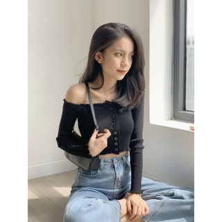 Áo croptop vải tăm trễ vai cúc ngực SA385 1994closet